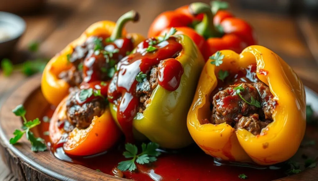 Mediterranean stuffed peppers with BBQ sauce Mediterranean stuffed peppers with BBQ sauce