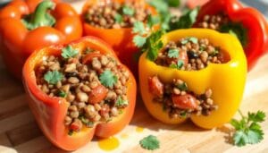 Vegetarian stuffed bell peppers with lentils