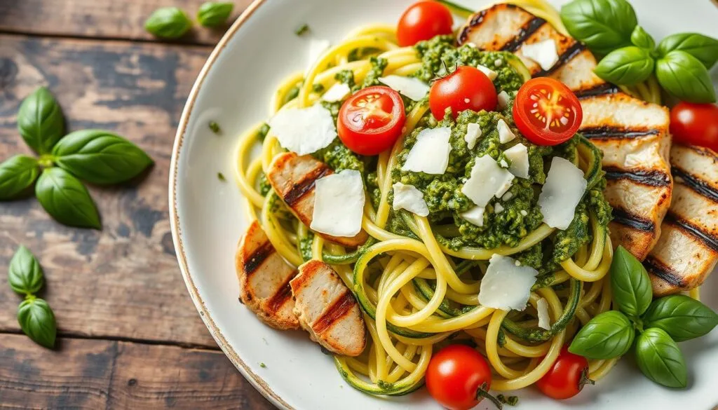 Zucchini Noodles with Pesto and Grilled Chicken Zucchini Noodles with Pesto and Grilled Chicken