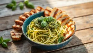 Zucchini Noodles with Pesto and Grilled Chicken