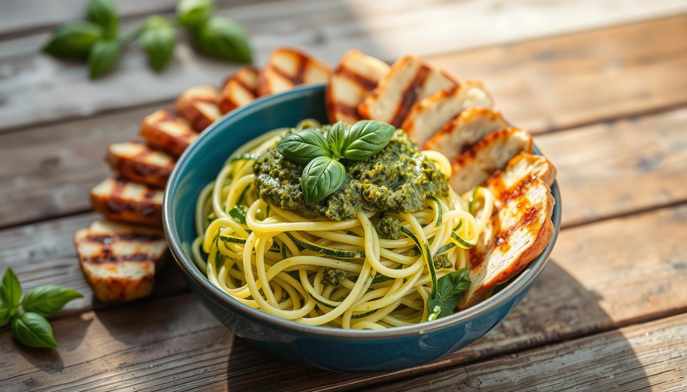 Zucchini Noodles with Pesto and Grilled Chicken