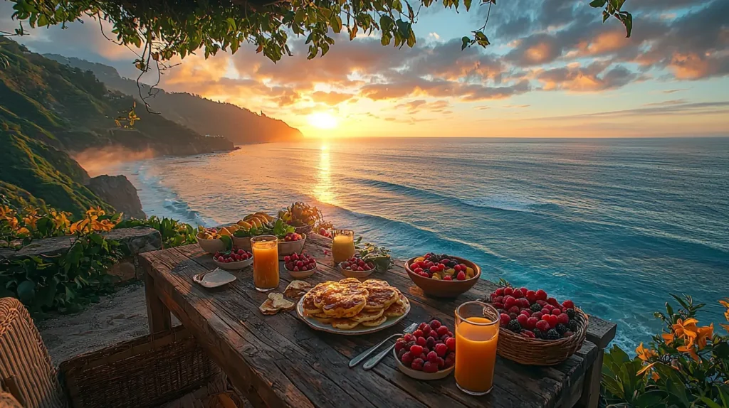 Delicious breakfast with pancakes, fresh fruits, and orange juice overlooking a stunning ocean sunrise