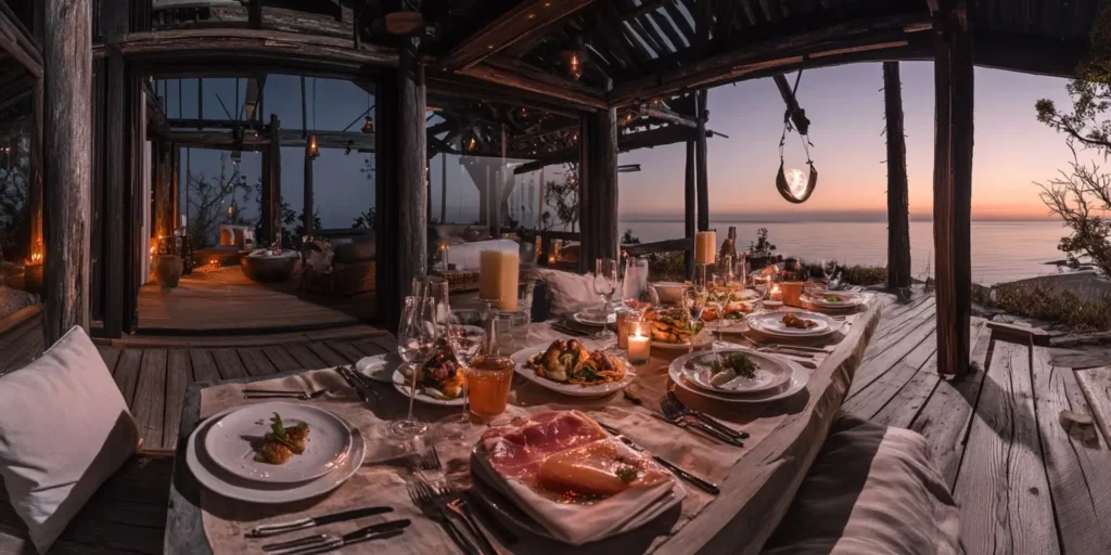 Elegant dinner setup in a rustic lodge overlooking the ocean at sunset, with gourmet dishes, candles, and a cozy ambiance.