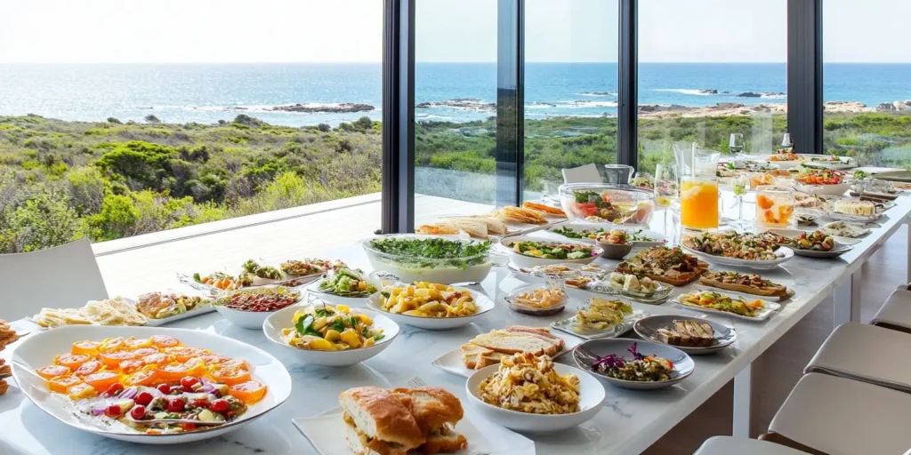 Luxurious lunch spread with fresh salads, sandwiches, and gourmet dishes on a table overlooking a panoramic ocean view through large villa windows.